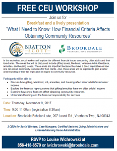 FREE CEU Workshop"What I Need to Know: How Financial Criteria Affects Obtaining Community Resources" @ Brookdale Echelon Lake | Voorhees Township | New Jersey | United States