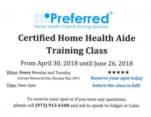 Certified Home Health Aide Training Class @ Preferred Home Health Care & Nursing Services, Inc.  | South Orange | New Jersey | United States