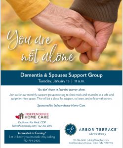 You Are Not Alone -Dementia & Spouses Support Group @ Arbor Terrace Shrewsbury 